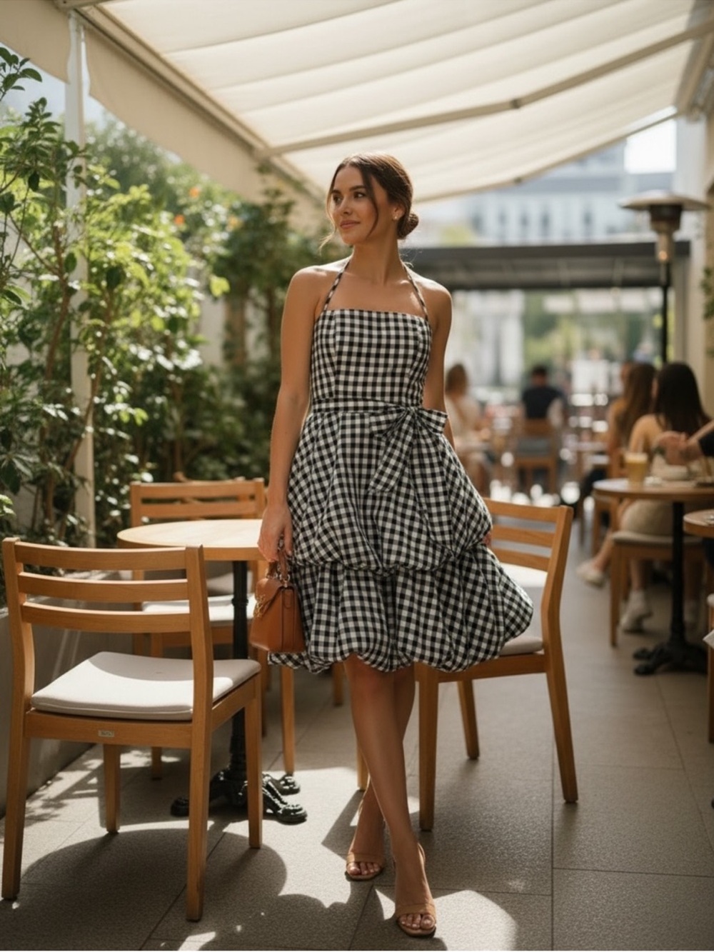 bebe Black & White Gingham Halter Tiered Mini Dress